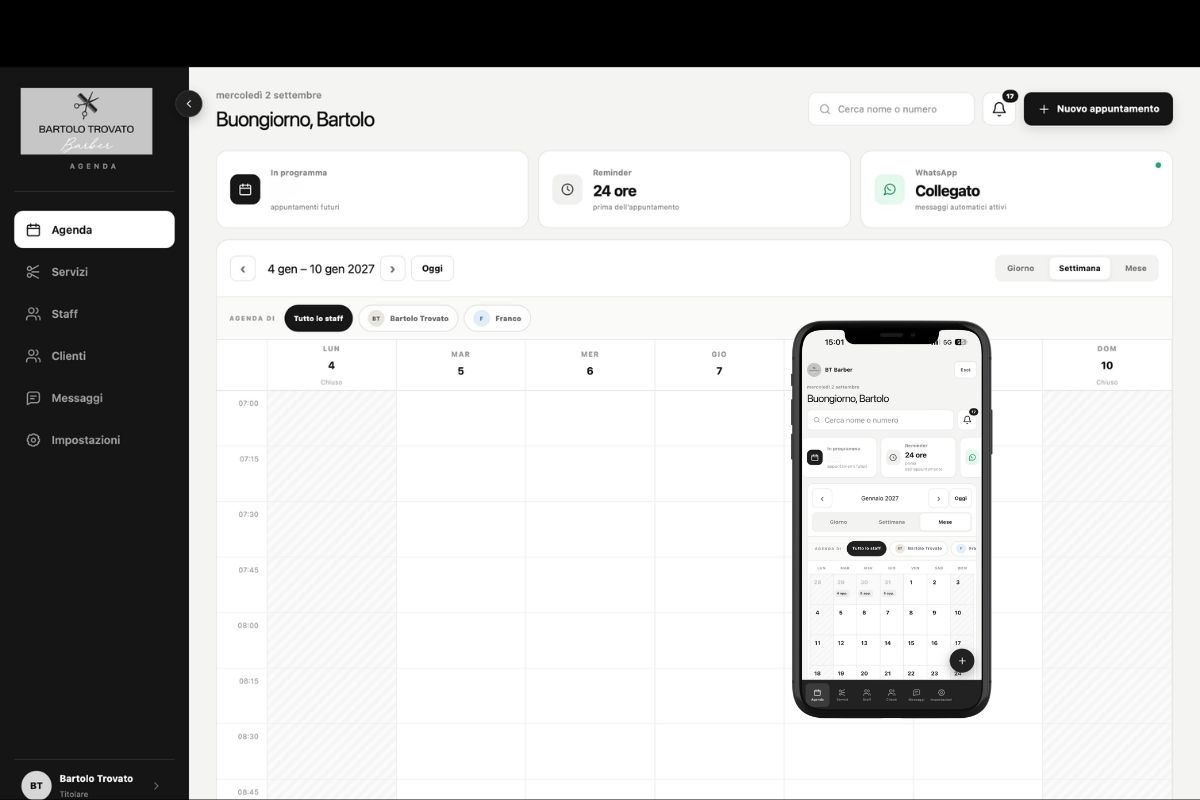 Schermata reale dell’agenda digitale realizzata da EPRESSIO per Bartolo Trovato Barber